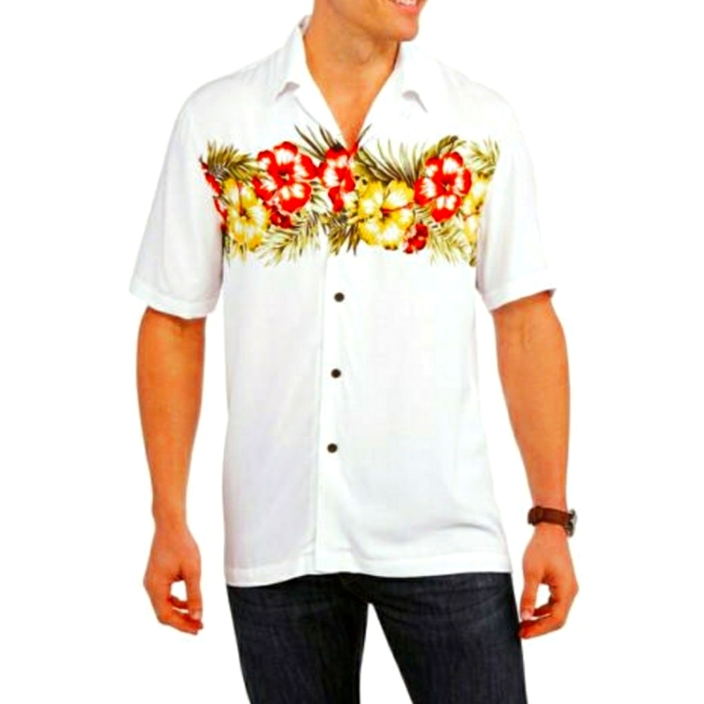 Hawaiian Hibiscus White Collar Short Sleeve Button Up Shirt George, Size L